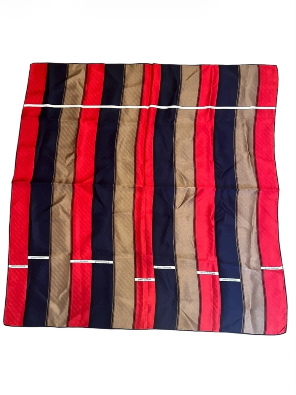 1435. Vintage Pierre Balmain Red, Navy & Tan Striped Silk Scarf